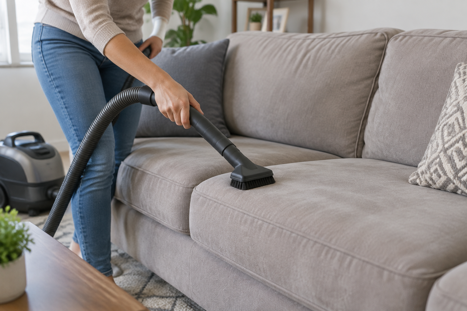 Une personne passe l'aspirateur avec un embout brosse sur un canapé en microfibre