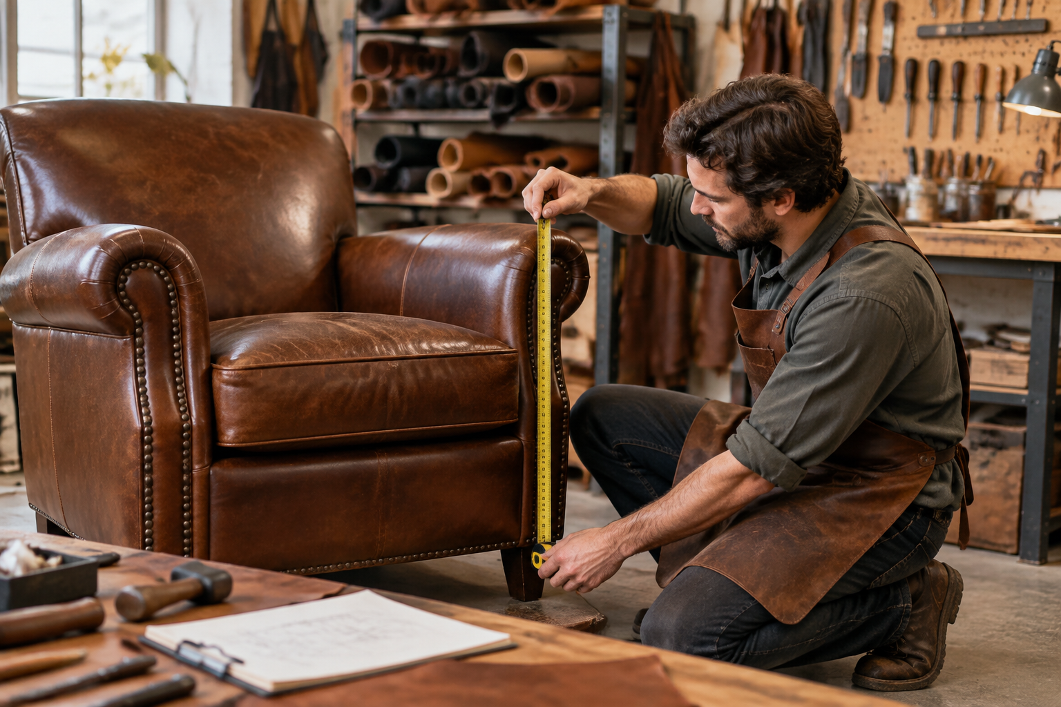 Artisan mesurant un fauteuil club en cuir dans son atelier.