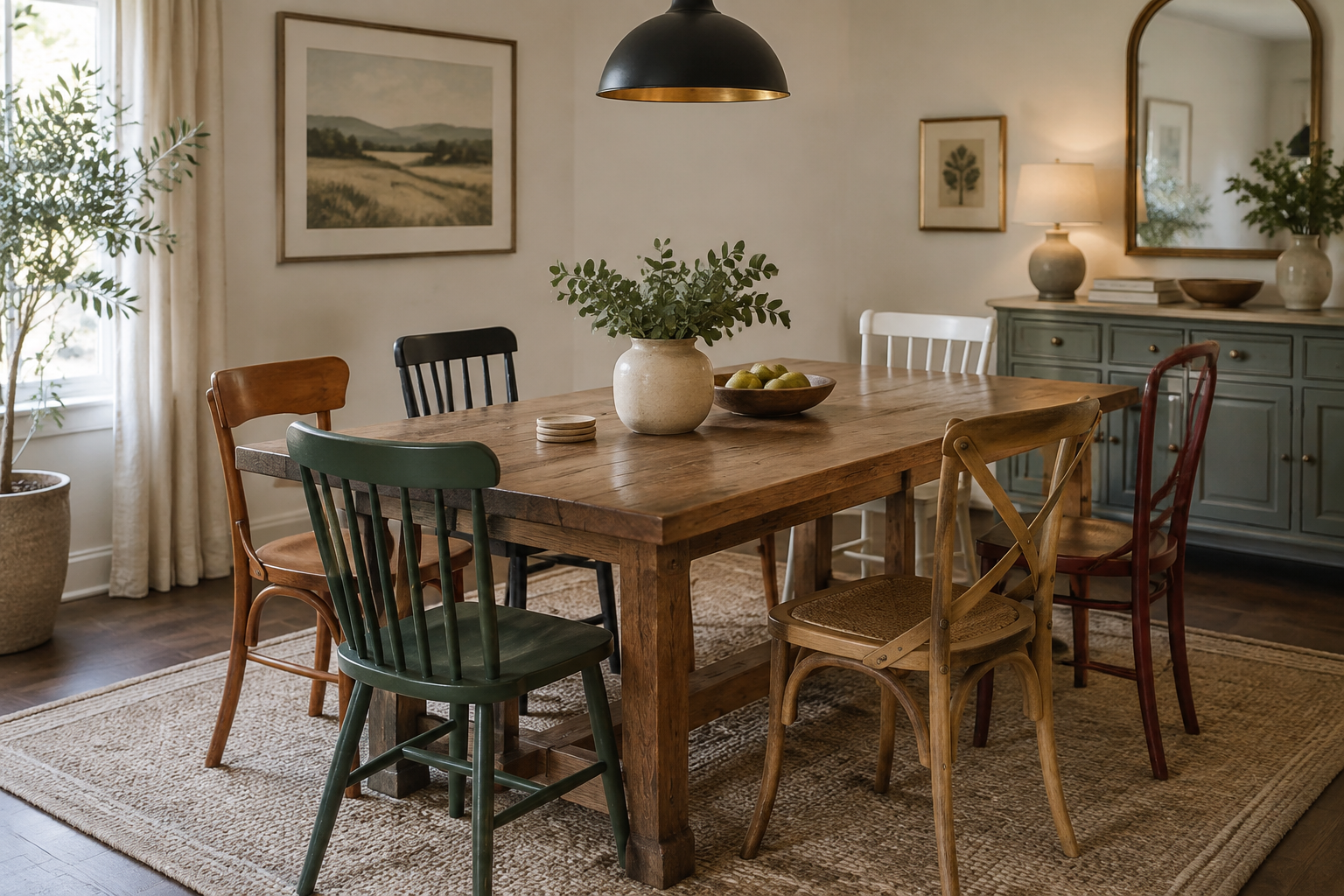 Salle à manger avec des chaises dépareillées autour d'une table en bois.