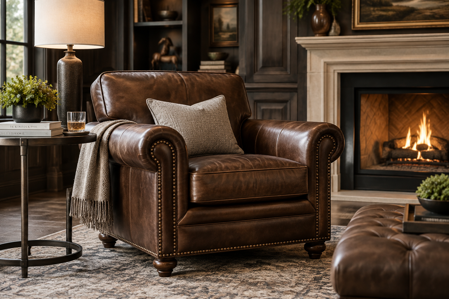 Fauteuil club en cuir élégant dans un salon raffiné.