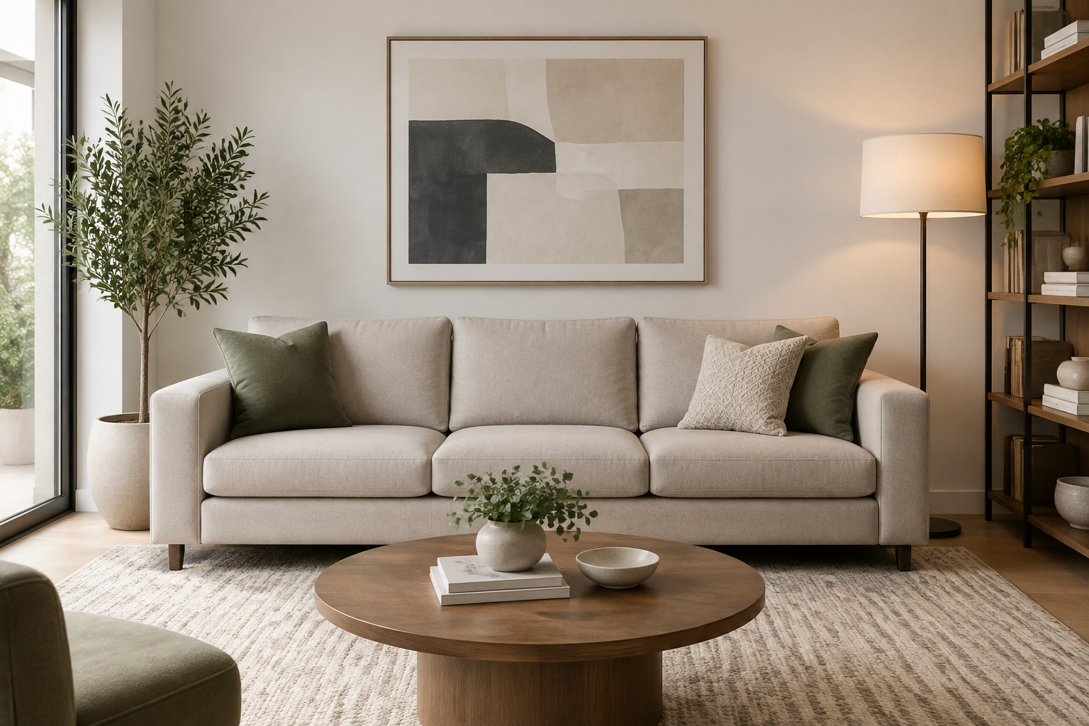 Three-seater sofa with comfortable dimensions in a bright living room