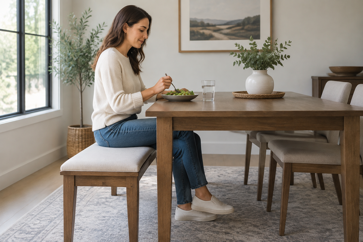 Personne assise sur une banquette de repas à une table