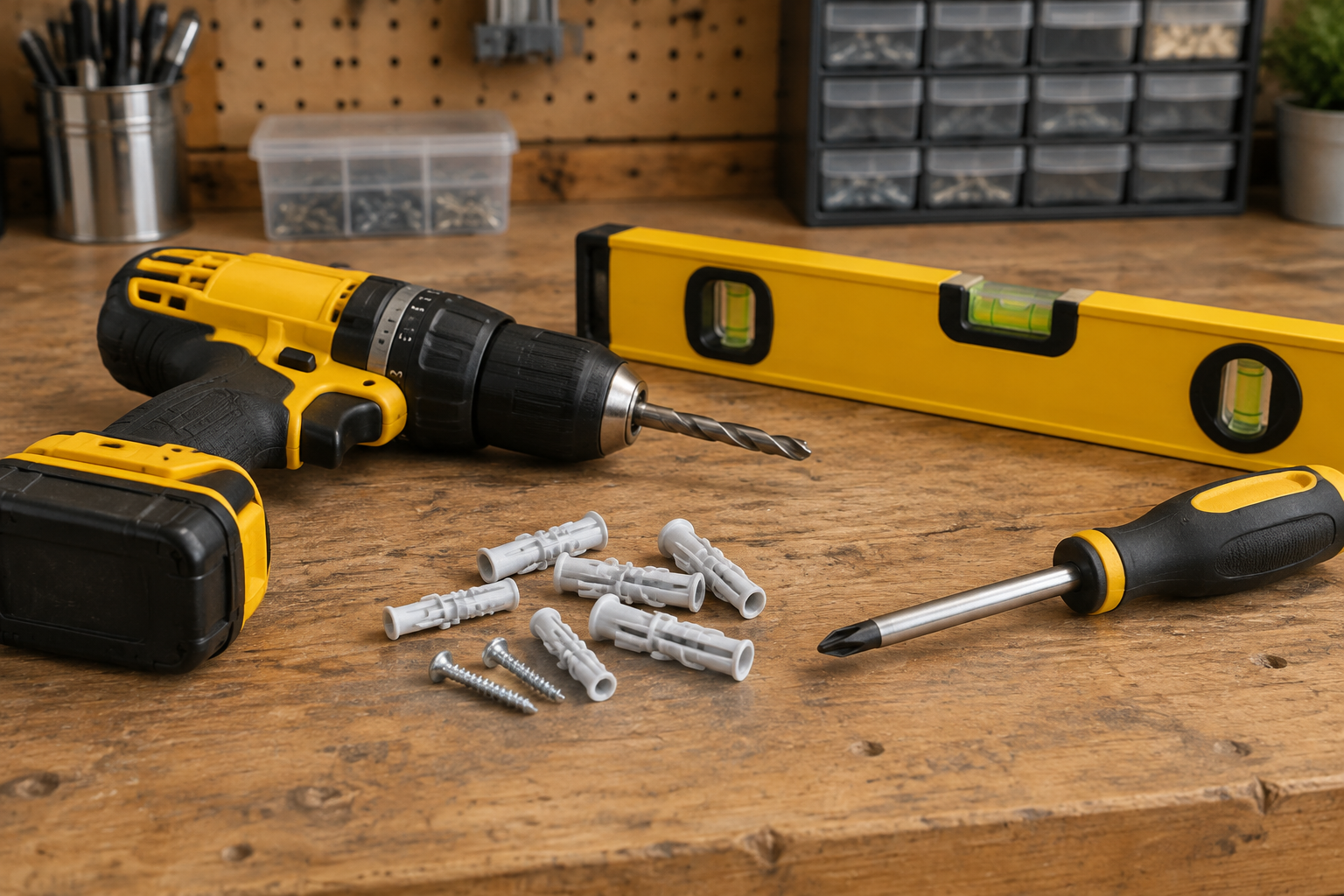 Outils de fixation : perceuse, chevilles, niveau, tournevis