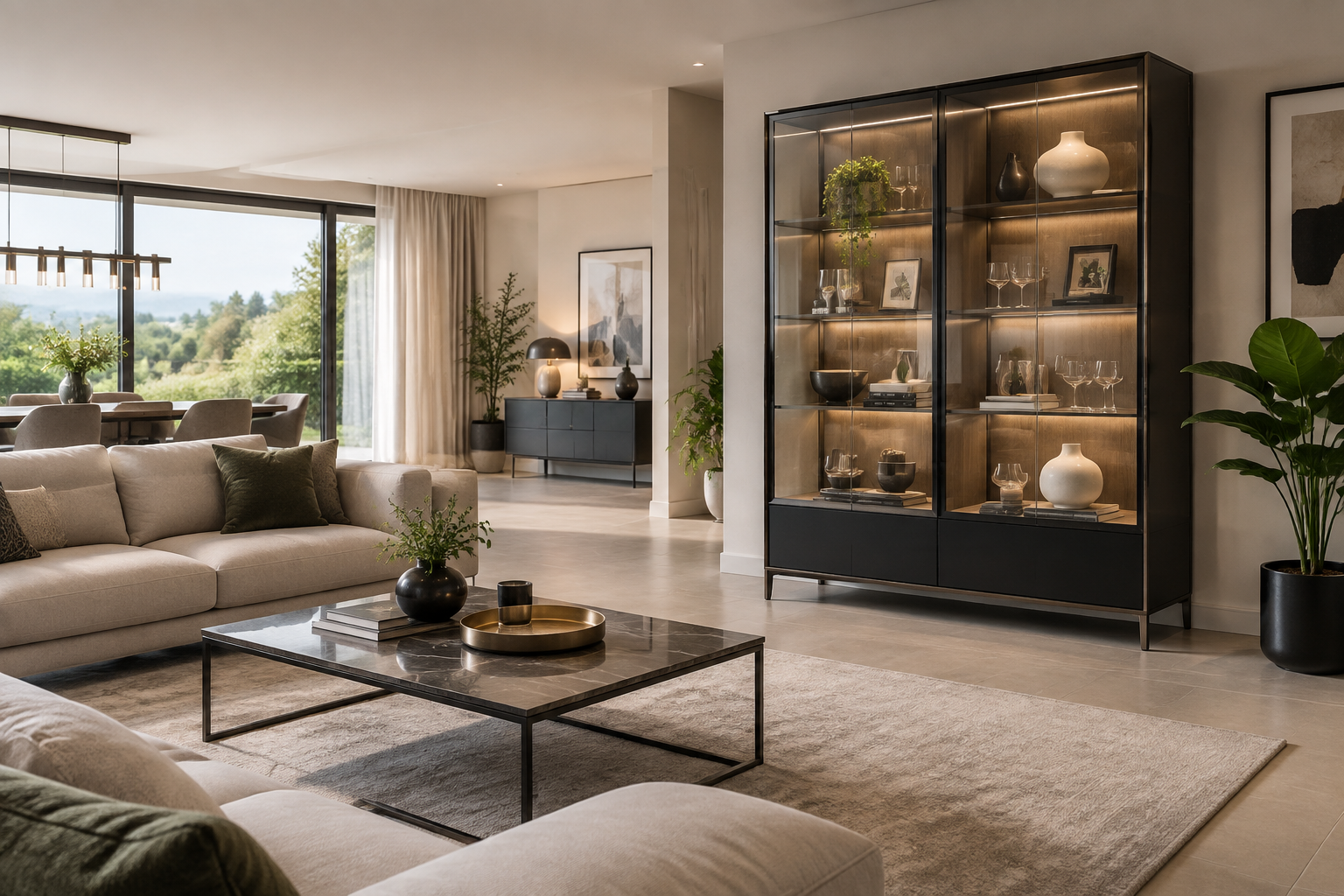 Salon spacieux avec une vitrine moderne placée contre un mur.