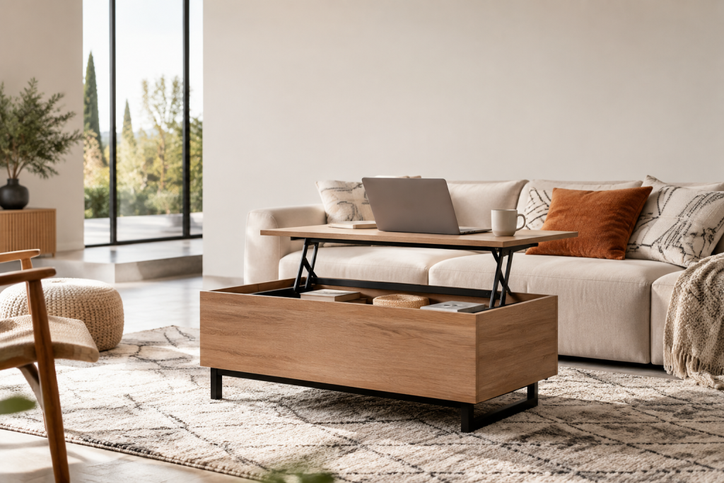 Table basse en bois à plateau relevé avec un ordinateur portable.