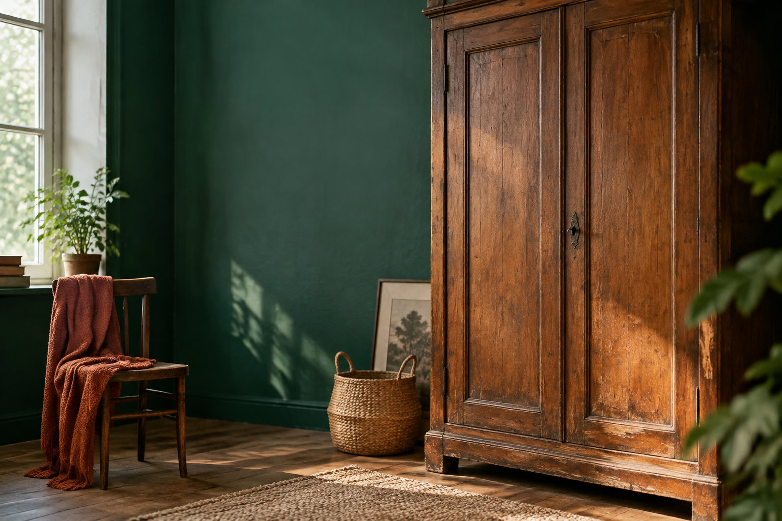 Une grande armoire ancienne en bois foncé dans une pièce au mur vert, sans clé apparente.