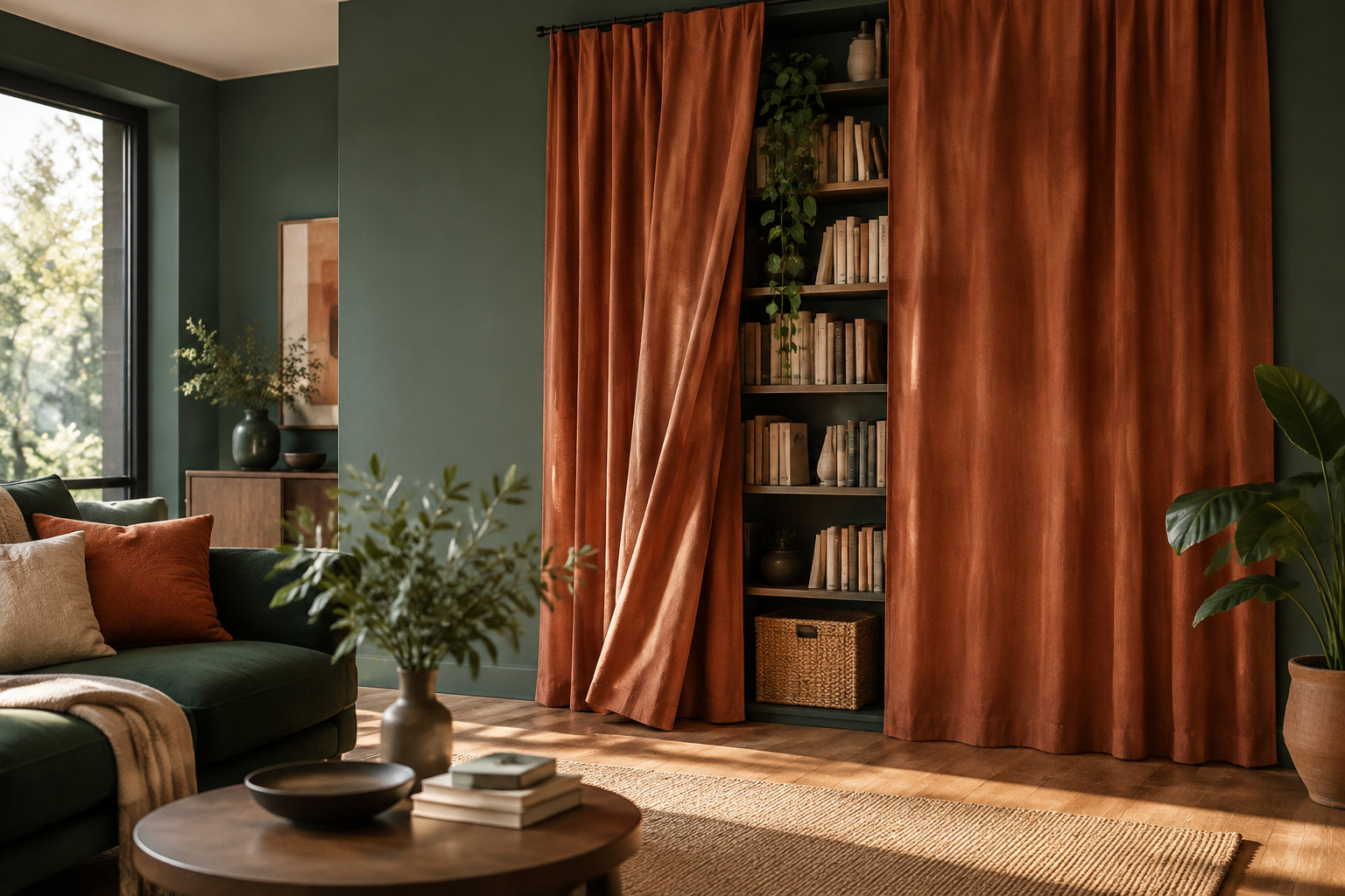 Rideaux en velours terracotta devant une bibliothèque encastrée dans un salon aux murs vert forêt.