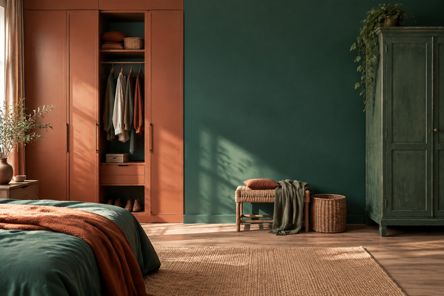 Chambre élégante avec un grand placard terracotta intégré et une armoire ancienne en bois vert sur fond de mur vert foncé.