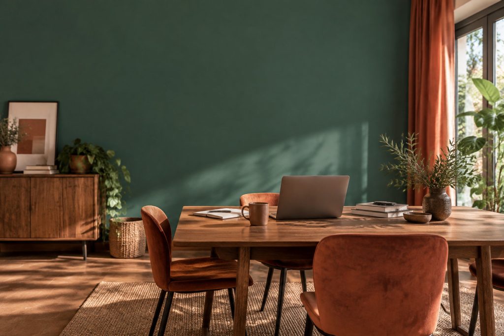 Une table en bois avec un ordinateur portable devant un mur vert et des chaises en velours orange.