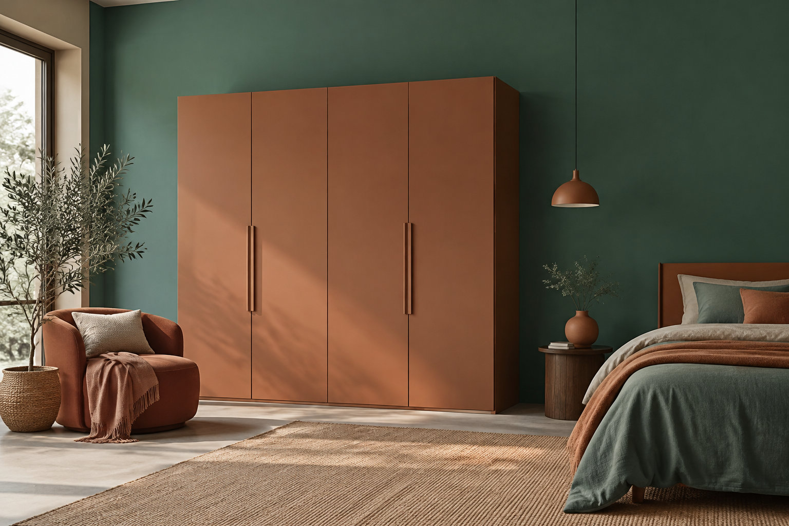 Grande armoire en MDF couleur terre cuite placée contre un mur vert profond dans une chambre élégante et moderne.