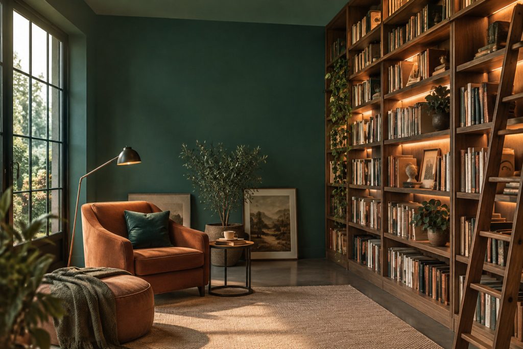 Bibliothèque en bois avec éclairage LED intégré, fauteuil confortable et mur vert dans un salon chaleureux.