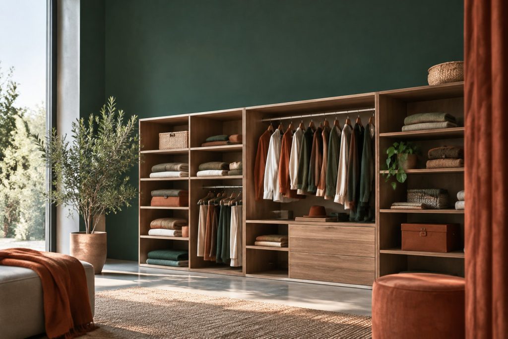 Dressing en bois moderne contre un mur vert avec des étagères organisées et des vêtements suspendus.