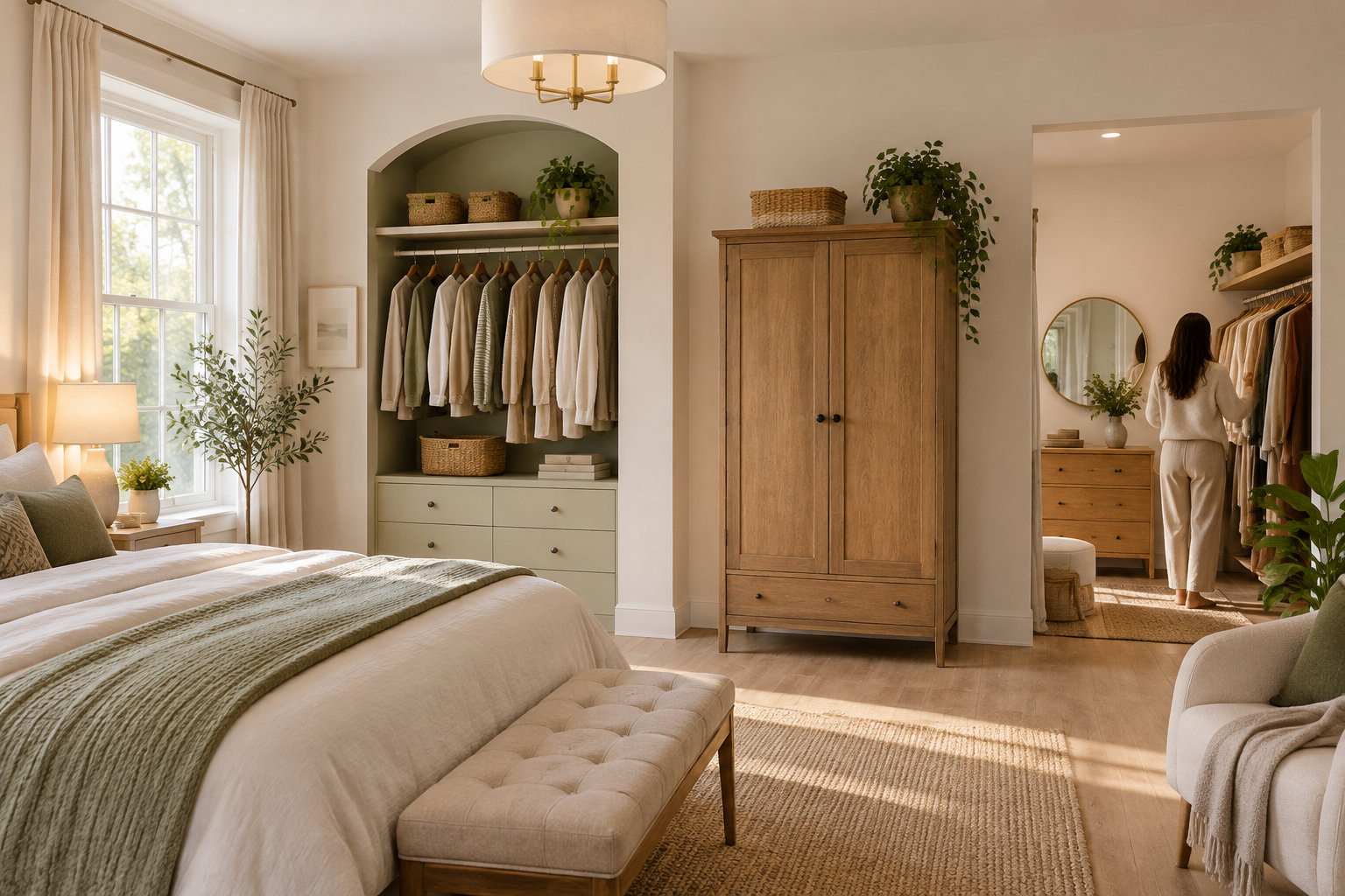 Une chambre lumineuse aux tons neutres, avec un lit, un banc rembourré, une armoire en bois et un dressing ouvert où une femme choisit un vêtement.
