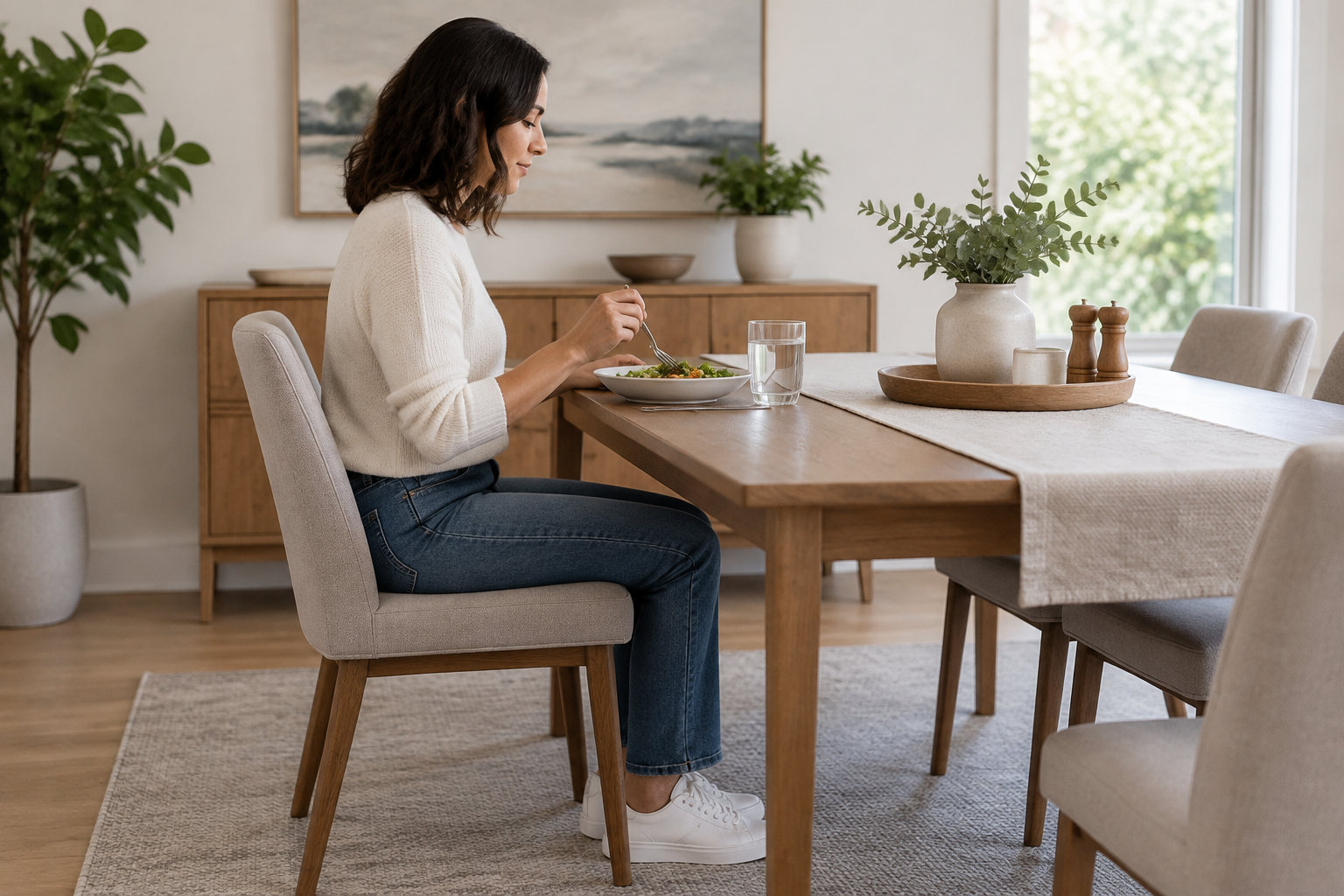 Une femme assise à une table mange dans une assiette, avec un verre d’eau et des plantes dans une salle à manger lumineuse.