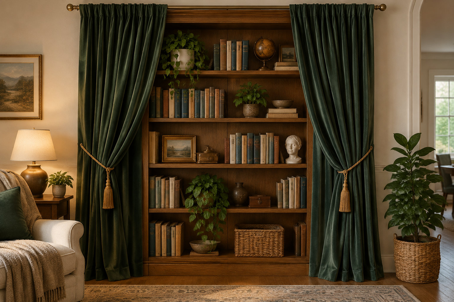 Une bibliothèque en bois garnie de livres, de plantes et d’objets décoratifs est encadrée par des rideaux vert foncé dans un salon chaleureux.