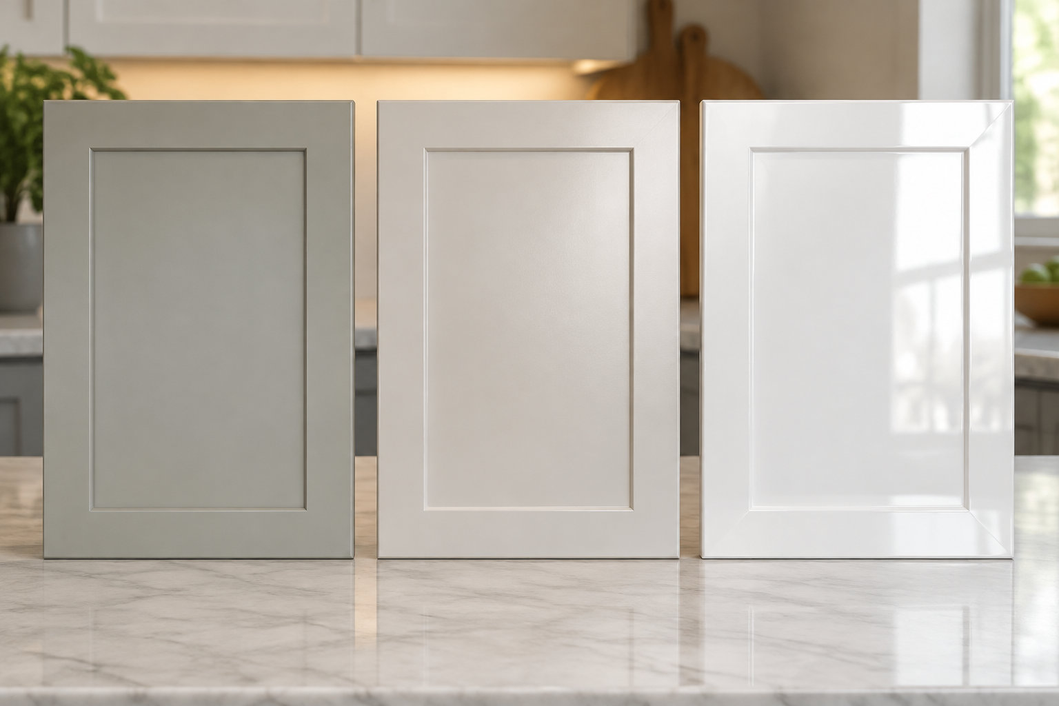 Trois panneaux de porte rectangulaires, gris, beige et blancs, sont posés côte à côte sur un comptoir en marbre dans une cuisine lumineuse.