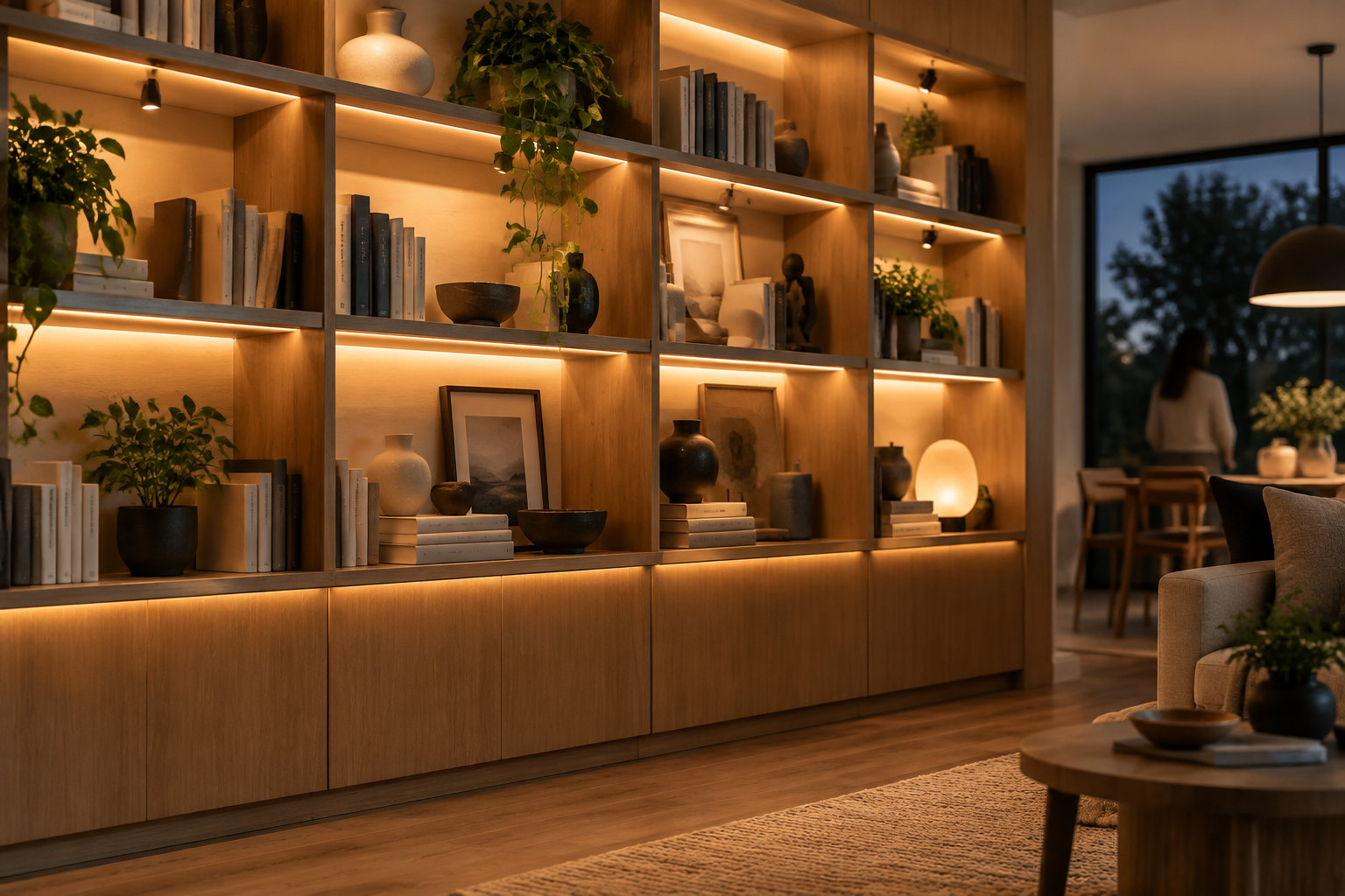 Un salon chaleureux avec une grande bibliothèque en bois éclairée, garnie de livres, de plantes et d’objets décoratifs, tandis qu’une personne se tient près d’une table à manger.
