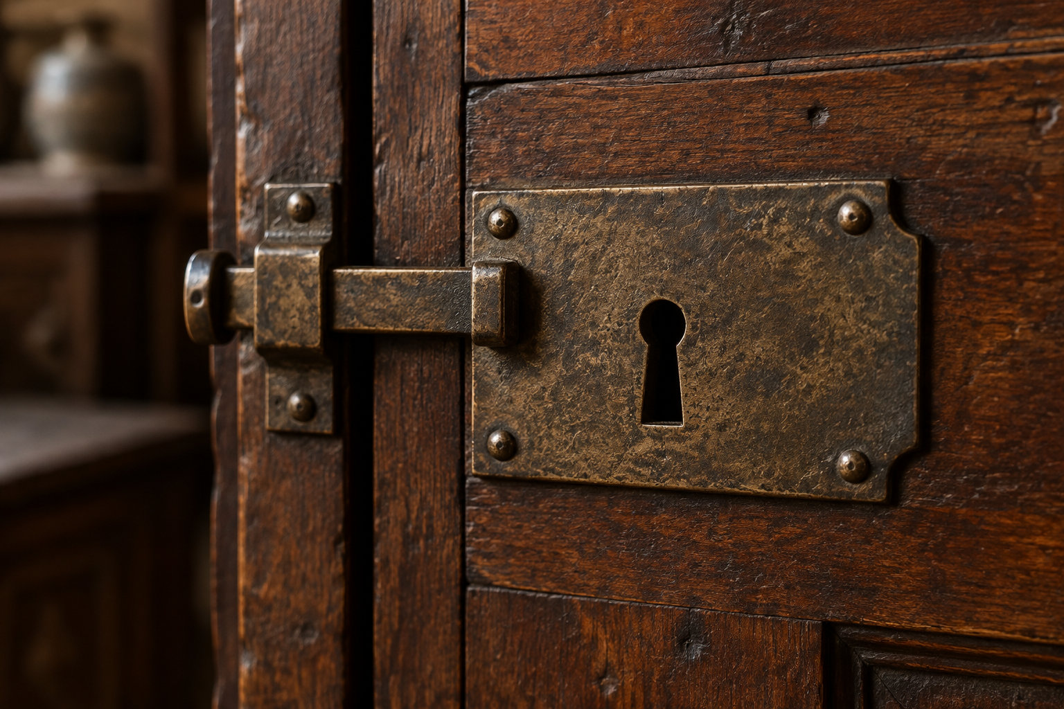 Gros plan sur une porte en bois sombre munie d’une serrure ancienne en métal et d’un verrou coulissant.