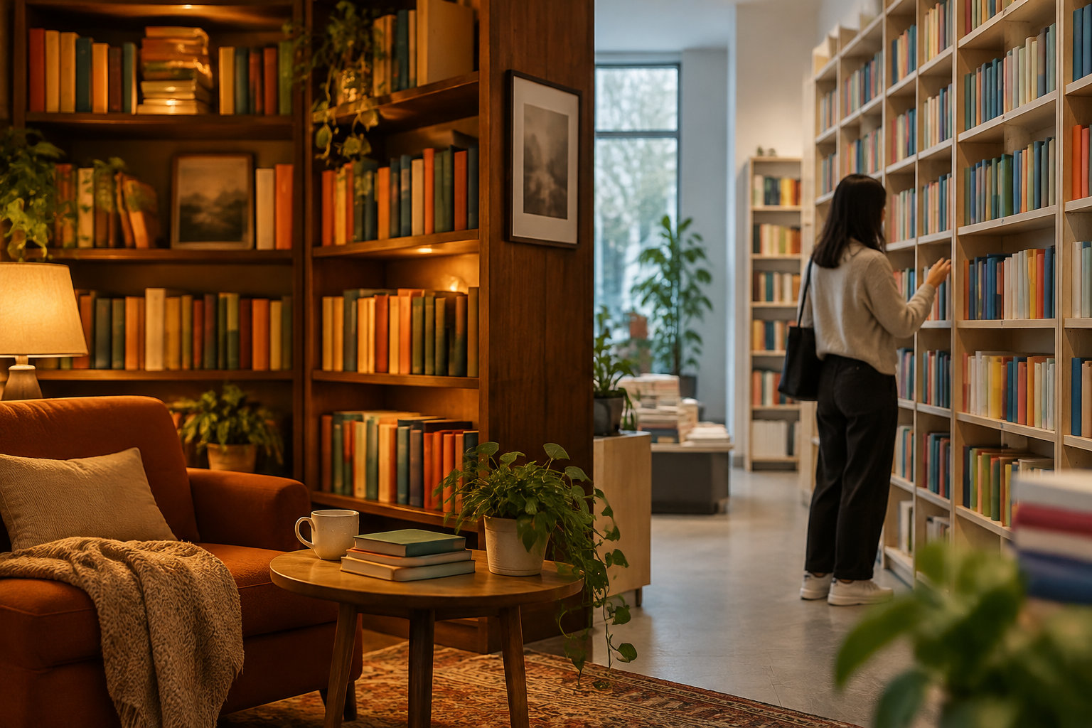 Une femme choisit un livre dans une bibliothèque aux rayonnages remplis, près d’un fauteuil, d’une table basse et de plantes.