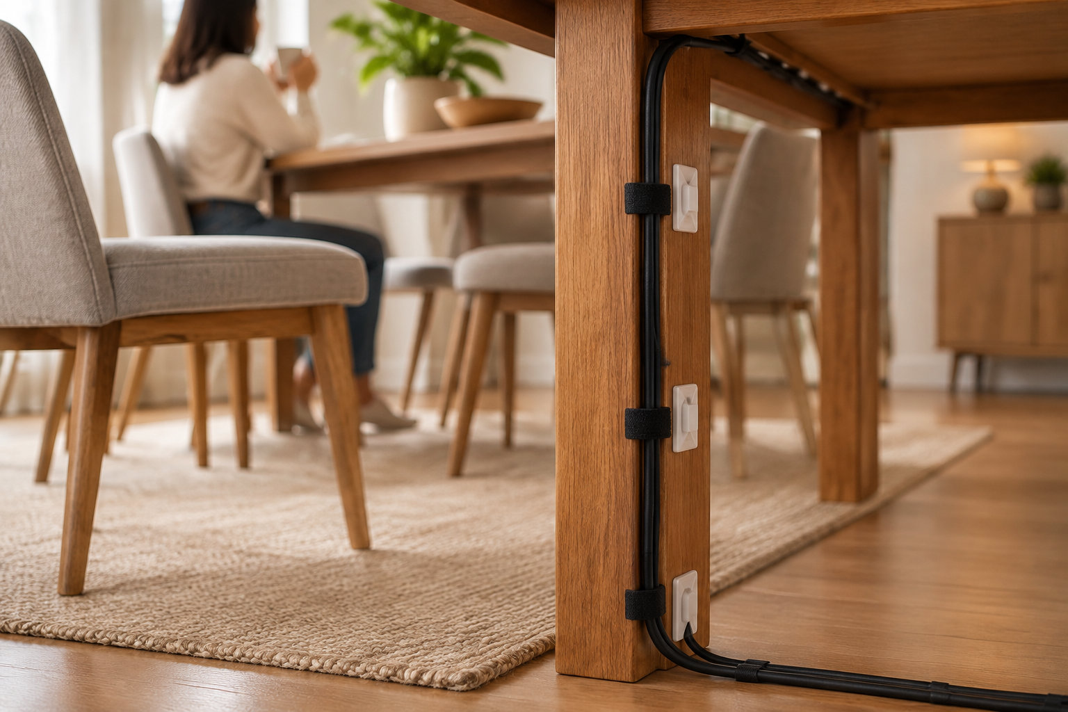 Des câbles noirs sont fixés le long du pied d’une table en bois et courent sur le sol, tandis qu’une personne est assise à une table dans une salle à manger.