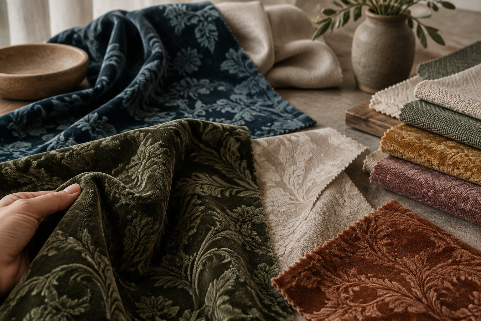 Une main soulève un tissu vert foncé à motifs floraux, parmi plusieurs étoffes pliées et un bol en bois dans un intérieur chaleureux.