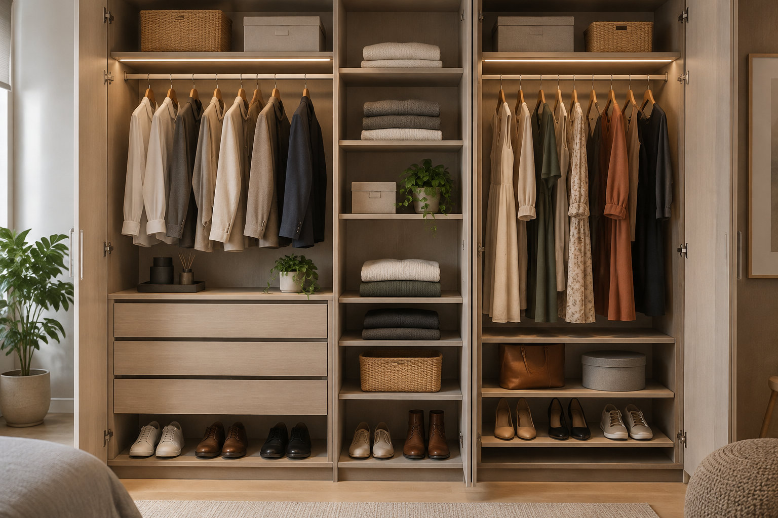 Une armoire ouverte et bien rangée contient des vêtements sur cintres, des piles de linge, des boîtes, des paniers, des chaussures et un sac, avec des plantes de part et d’autre.