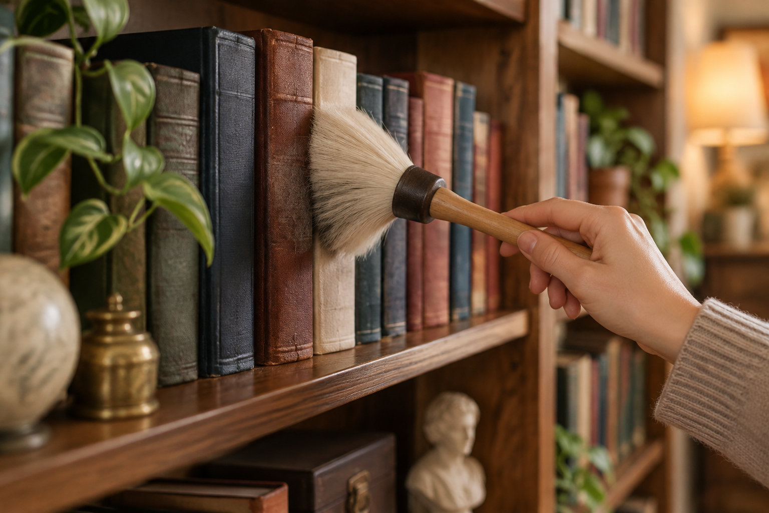 Une main dépoussière des livres alignés sur une étagère à l’aide d’un plumeau, dans une pièce décorée de plantes et d’objets.