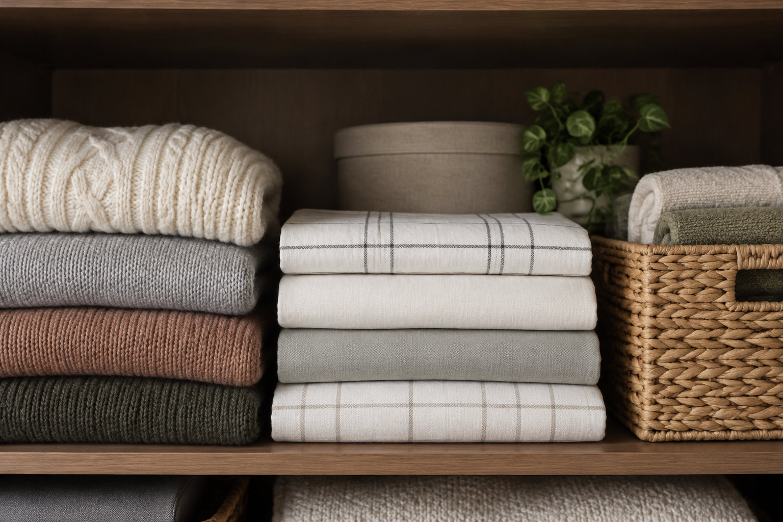Des couvertures et des serviettes pliées sont rangées sur une étagère en bois, près d’un panier tressé et d’une plante verte.
