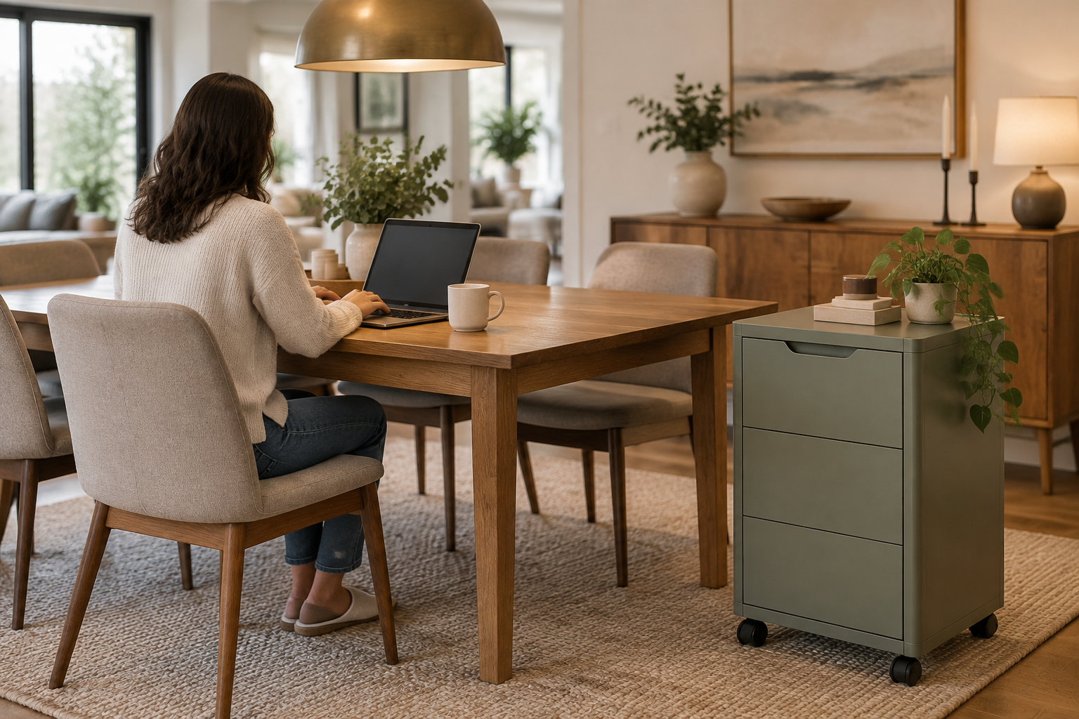 Une femme travaille sur un ordinateur portable à une table en bois, près d’un petit meuble à tiroirs sur roulettes, dans une salle à manger lumineuse.
