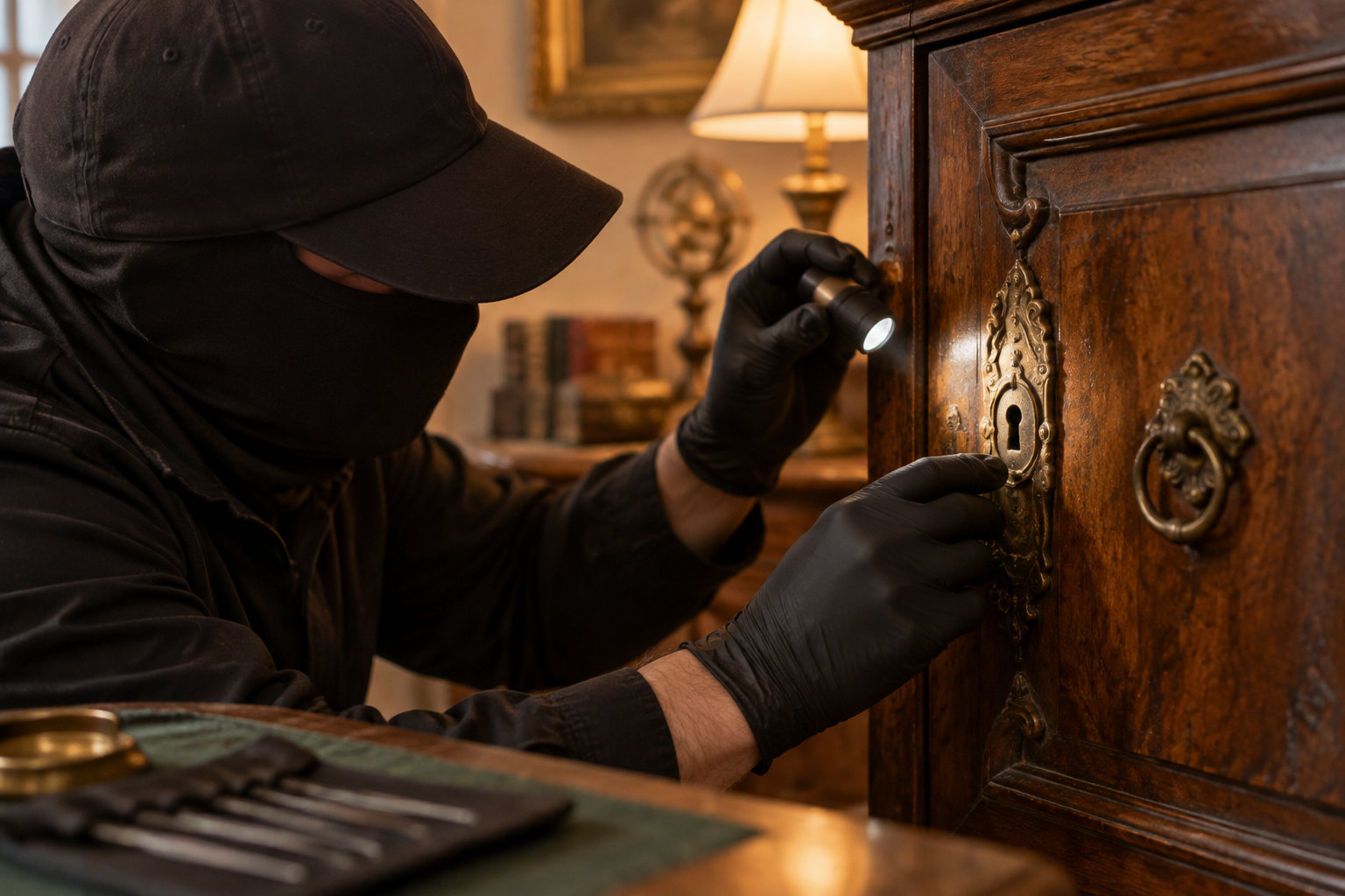 Une personne vêtue de noir examine à la lampe torche la serrure d’une armoire en bois ornée de ferrures en laiton.