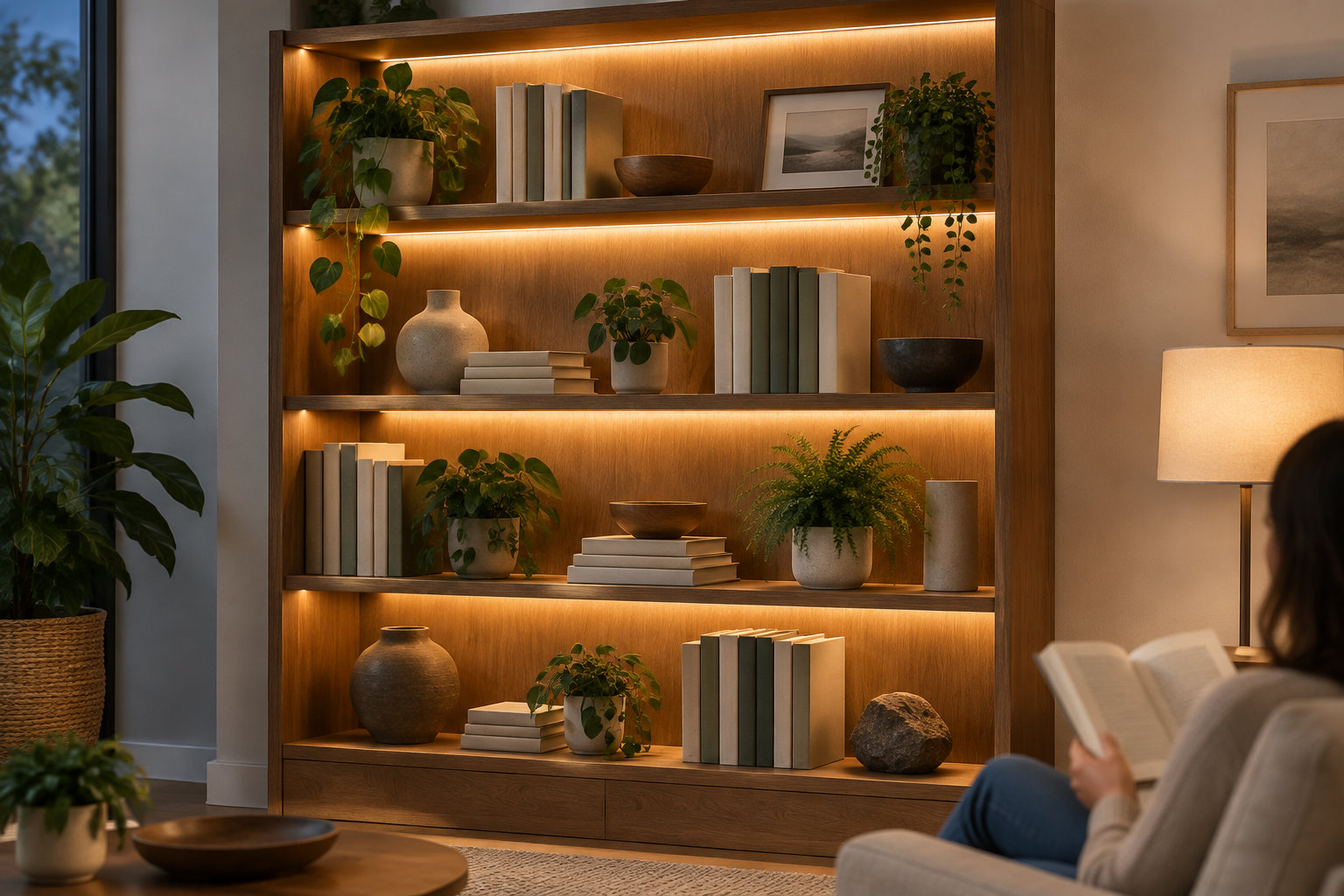 Une personne lit un livre dans un fauteuil, près d’une grande bibliothèque en bois éclairée, garnie de livres, de plantes et de vases.