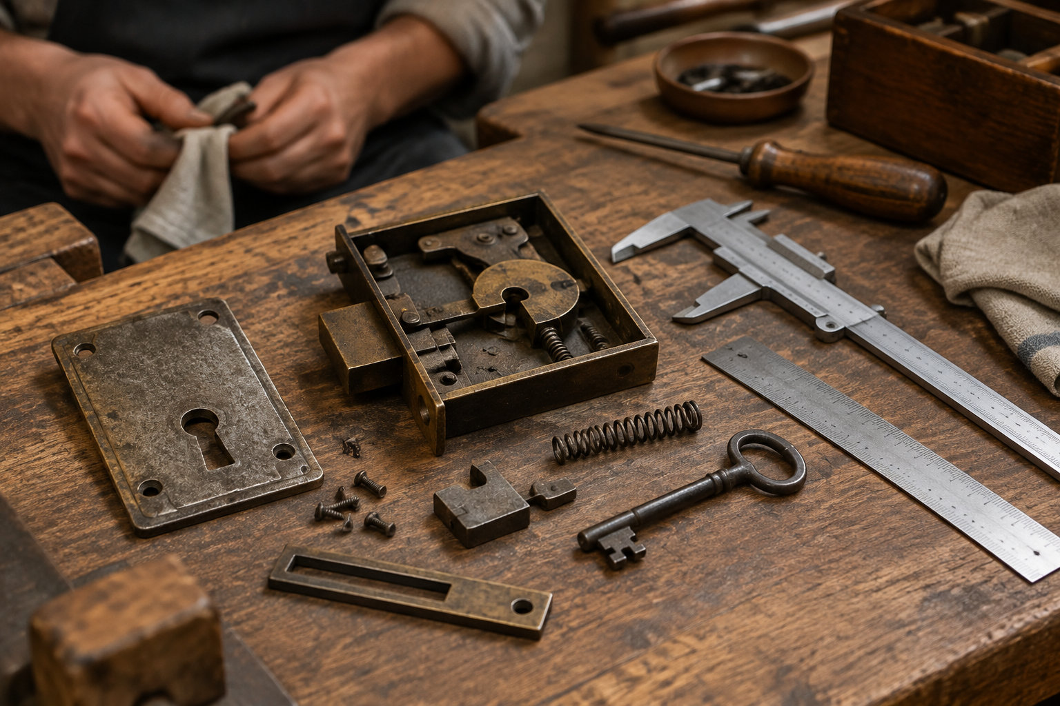 Des pièces de serrure anciennes, une clé, un ressort et des outils de mesure sont disposés sur un établi en bois, tandis qu’une personne nettoie un objet avec un chiffon.
